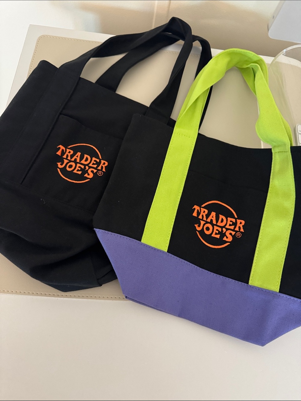 Trader Joe's Black Tote Bag with Neon Green Handles and Purple Base